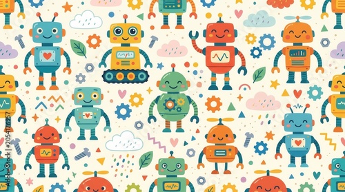 A repeating design displays happy cartoon robots, gears, and whimsical shapes
