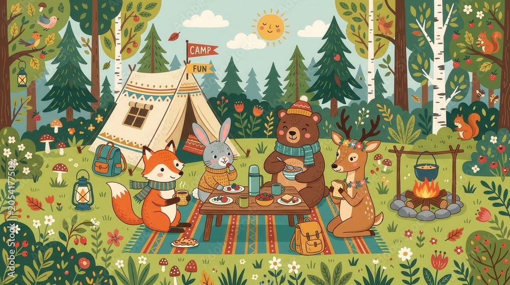 Naklejka premium Fox, rabbit, bear, and deer share a meal around a picnic table at their forest campsite