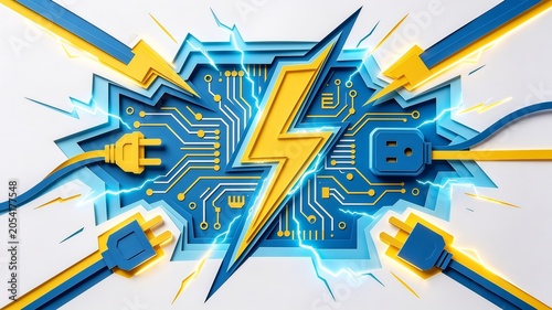 Energy lightning bolt concept with electric circuit board background paper cut style yellow power flash and power plugs illustration