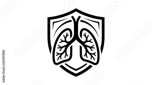 Stylized black and white graphic of human lungs encased within a protective shield, symbolizing respiratory health and protection.