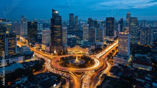 Night aerial view of a vibrant city roundabout illuminated by traffic light trails and surrounded by modern skyscrapers