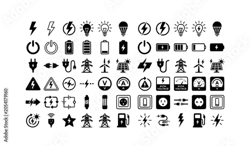 Electrical energy icon set with lightning bolts and lightbulb symbols black and white vector