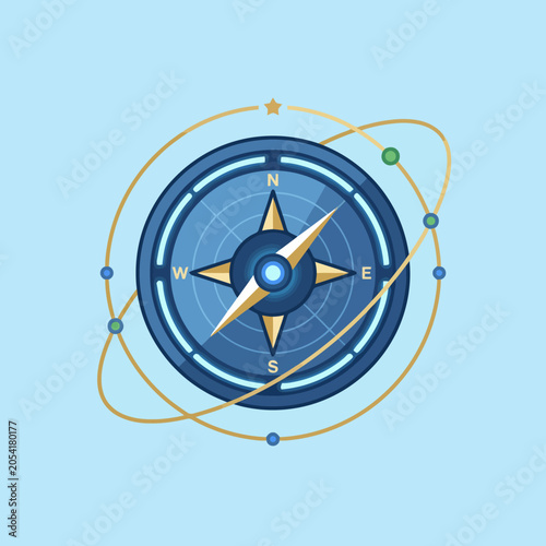 Fotografija A digital illustration of a navigational compass with orbital rings