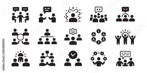 Strategic business communication and group dynamics vector icons for management and collaborative teamwork.