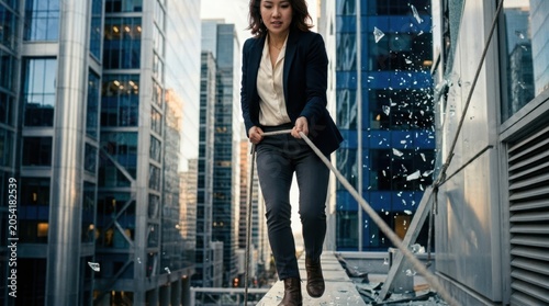 Woman in business attire rappels down a skyscraper with broken glass flying
