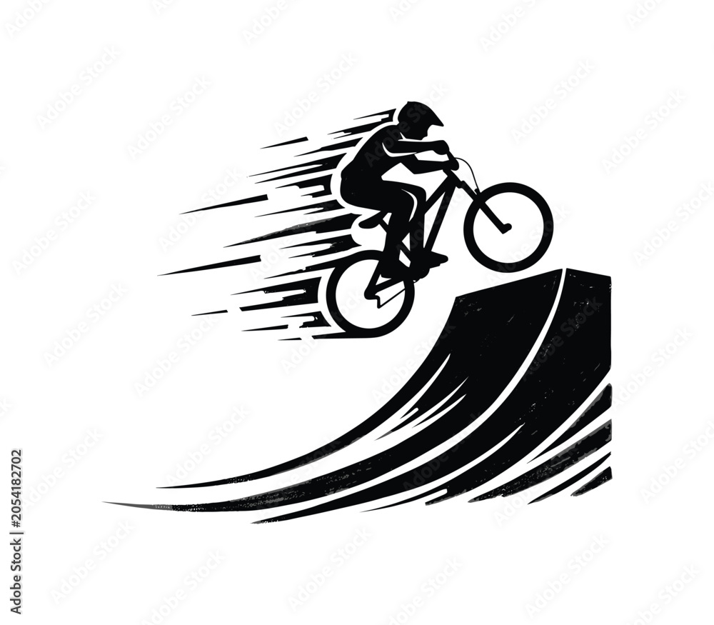 Naklejka premium Silhouette of a cyclist performing a jump on a ramp with speed lines