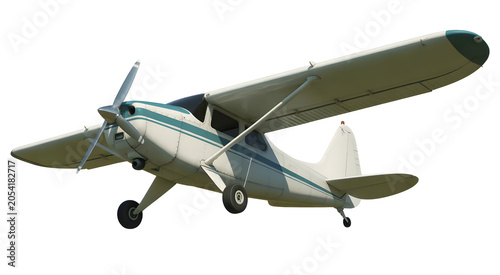Propeller airplane isolated. Small aircraft aviation transport vehicle. Lightweight passenger plane. General aviation flying machine. Air travel and aerospace transportation concept on white backgroun