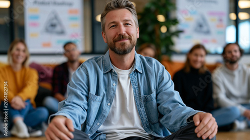 early adopter group photographed in candid moment beta testing app features together at outdoor urban plaza, mix of frustration and delight on faces, developer kneeling beside seated user pointing a