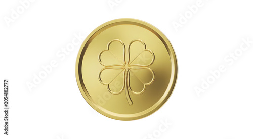 Lucky coin symbol isolated. Gold token with four leaf clover emblem. Fortune and prosperity concept. Financial success reward badge. Wealth investment and good luck icon on white background. Vector il