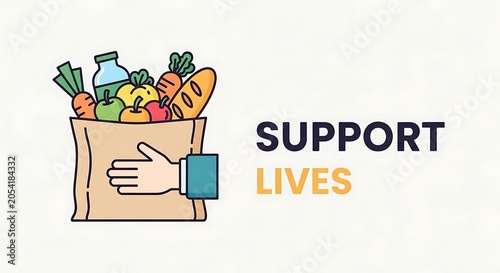 Support lives concept with a hand holding a bag of groceries on white background.