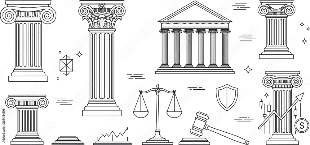Naklejka premium Ancient greek pillars line art icon set with roman columns temple justice scales law gavel and finance charts