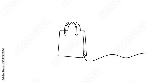 Shopping bag continuous line drawing animation for e-commerce and retail branding concepts. Minimal line art animation of a shopping paper bag silhouette isolated on a white background.