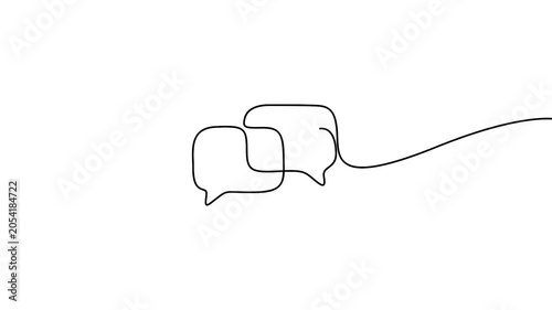 Speech bubble animation in continuous line drawing style for communication concepts. Minimalist single line art animation of overlapping speech bubbles on a white background.