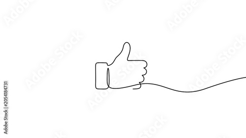 Thumbs up icon animated with continuous line drawing on a white background. Minimal line art animation of a thumbs up hand gesture showing approval and success.