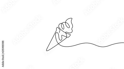 Ice cream animation in continuous line drawing style for summer food concepts. Minimalist single line art animation of a waffle ice cream cone on a white background.