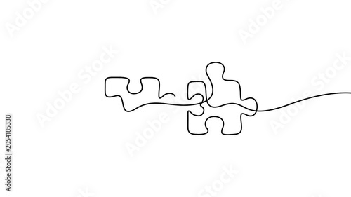 Puzzle pieces animation in continuous line drawing style for business teamwork concepts. Minimalist single line art animation of connecting jigsaw puzzle pieces on a white background.