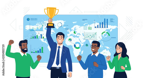 Team Celebrating Success with Business Analytics Dashboard