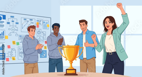 Team Celebrating Success with Trophy in Office Environment