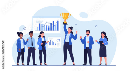 Celebrating Team Success with Business Analytics and Achievement Trophy