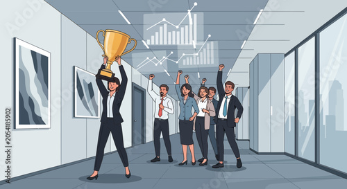 Celebrating Team Success with Trophy in Office Environment
