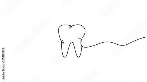 Tooth animation in continuous line drawing style for dental clinic healthcare concepts. Minimalist single line art animation of a human tooth on a clean white background.