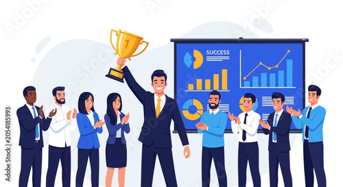 Team Celebrating Success with Trophy and Business Charts