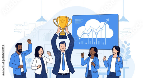 Team Celebrating Success with Trophy and Analytics Dashboard