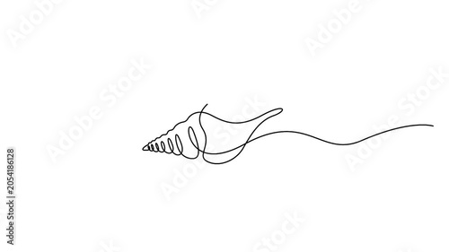 Sea shell animation in continuous line drawing style for tropical summer designs. Minimalist single line art animation of a coastal sea shell on a white background.