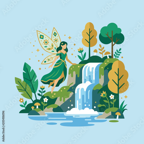 A magical forest fairy flies near a beautiful cascading waterfall