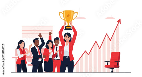 Team Celebrating Success with Trophy and Growth Chart