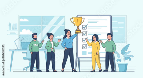 Team Celebrating Project Success with Trophy and Checklist