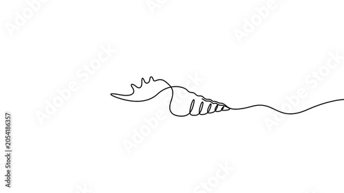 Seashell animation in minimalist continuous line drawing style for summer concept designs. Minimalist single line art animation of a coastal seashell on a white background.