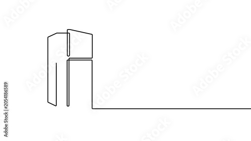Refrigerator animation in continuous line drawing style for kitchen appliance concepts. Minimalist single line art animation of a kitchen refrigerator on a white background.