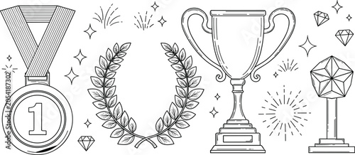 Canvastavla Champion trophy cup and first place medal line icons set with laurel wreath star