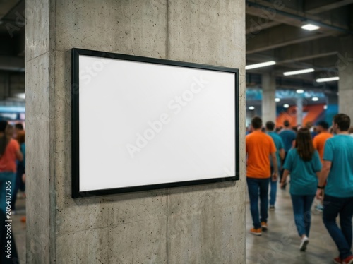 Blank Horizontal Billboard Mockup on a Concrete Pillar in a Crowded Stadium Corridor