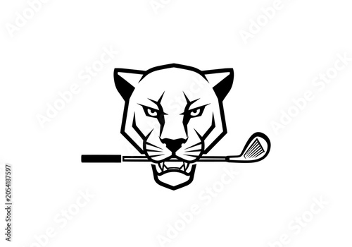 Graphic illustration of a panther with golf club isolated on white