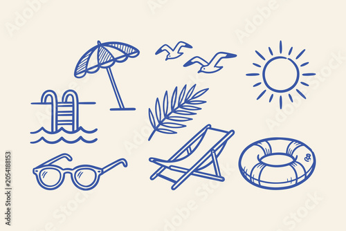 Set of hand drawn summer vacation icons with beach umbrella sun palm leaf deck chair sunglasses swimming pool ladder and lifebuoy ring Vector