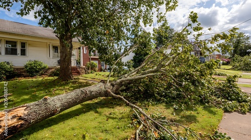 Fallen tree branch on grassy residential area