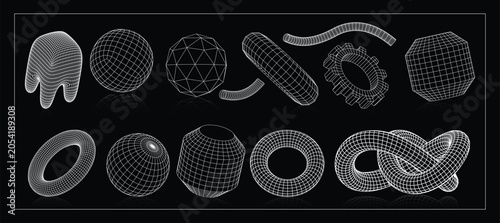 Abstract Geometric Mesh Wireframe Elements Collection Featuring Complex 3D Structures Spheres, Rings, Knots, and Cylinders Rendered in Sharp White Lines Against A Deep Solid Black Background