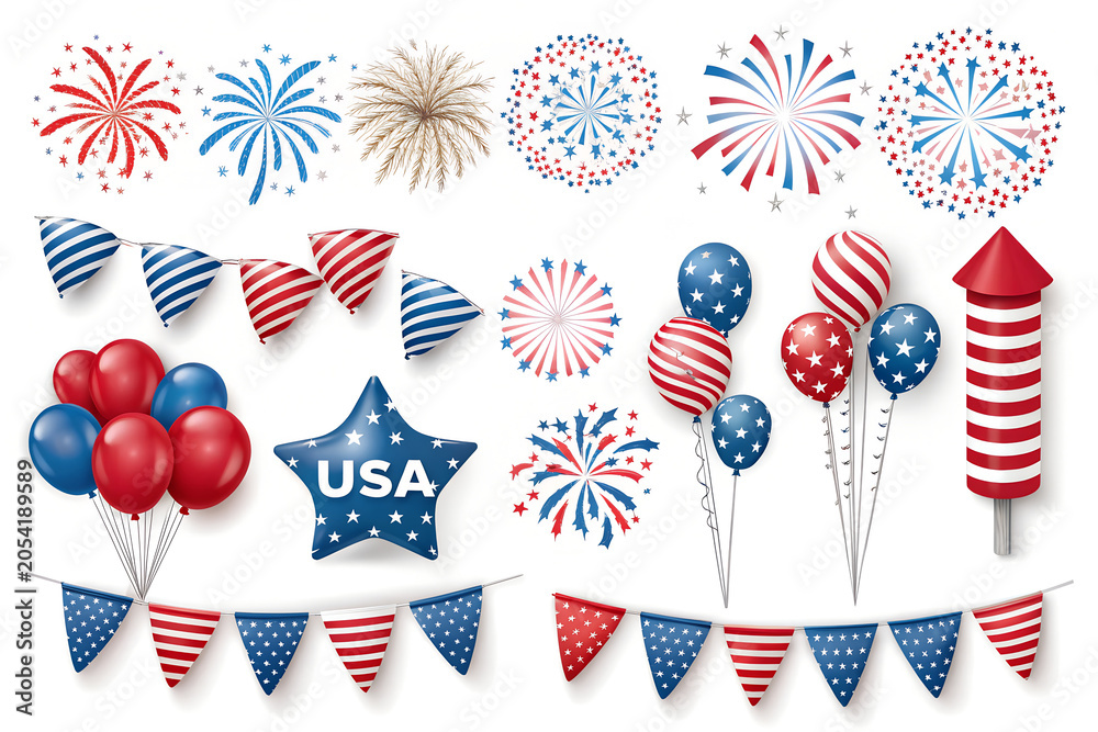 Fototapeta premium Patriotic fourth of july party decorations featuring fireworks balloons and bunting set in red white and blue colors isolated on white background set