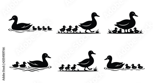 Canvas-taulu Duck family silhouettes with ducklings black vector illustration on white backgr