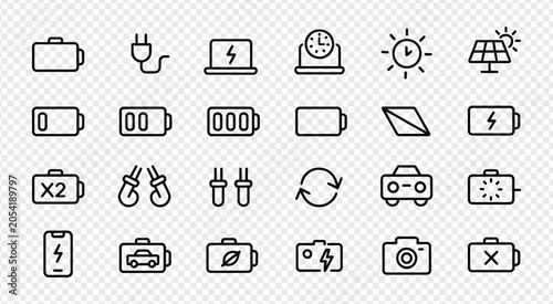 Battery charging icons set with renewable power and green energy symbols