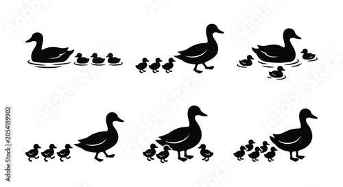 Canvas-taulu Duck family silhouettes with ducklings black vector illustration on white backgr
