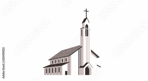 Fotografija Modern Church Building with Steeple and Cross - Minimalist Vector Art