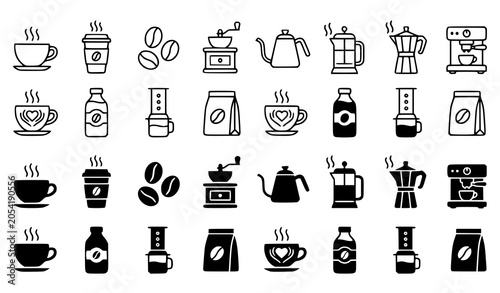 Photos Coffee shop icons outline and black silhouette collection