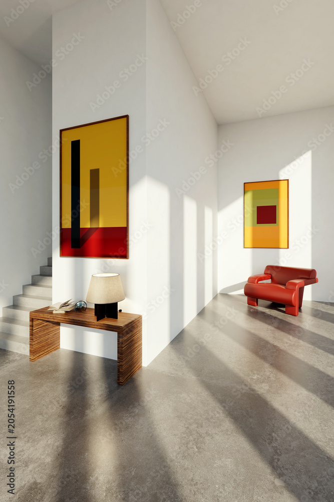 Obraz premium 3D render, illustration Large Luxury modern living room interior, brutalist architecture realistic lighting, Graphic Overlay wide angle, contemporary furniture, clean lines, minimalist decor, elegan
