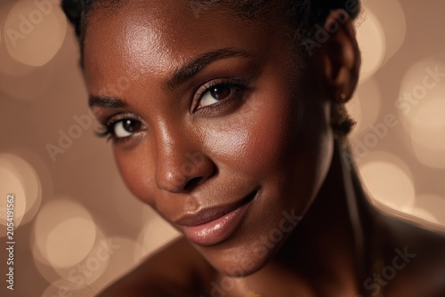 Warm-toned head-and-shoulders portrait of a confident Black woman with healthy glow