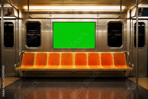 Symmetrical advertising mockup with wide green screen billboard inside empty modern train carriage