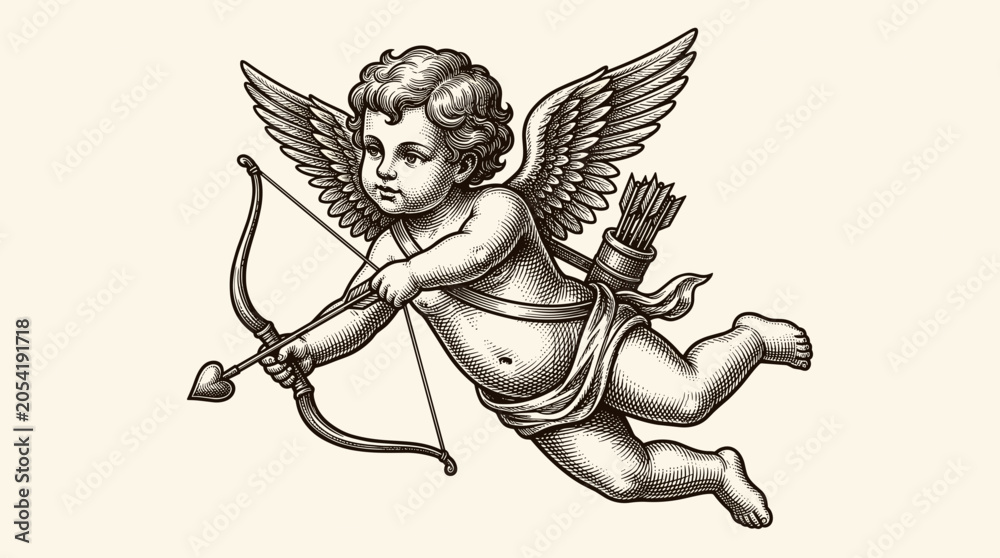 Obraz premium Vintage Cupid Angel with Bow and Arrow Illustration