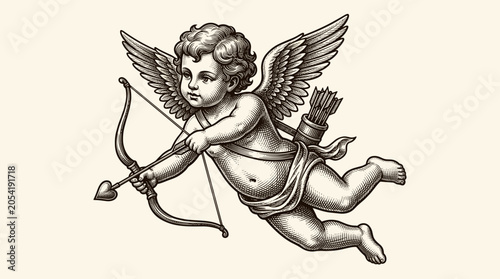 Vintage Cupid Angel with Bow and Arrow Illustration